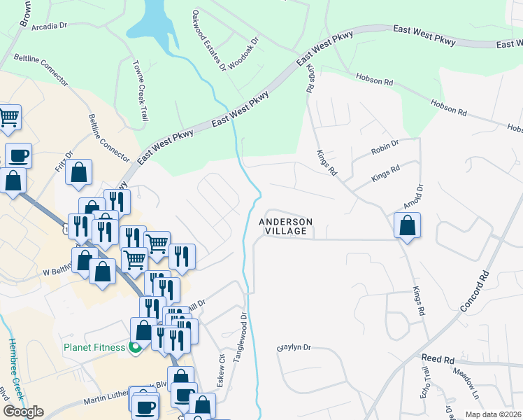 map of restaurants, bars, coffee shops, grocery stores, and more near 507 Branchcliff Lane in Anderson