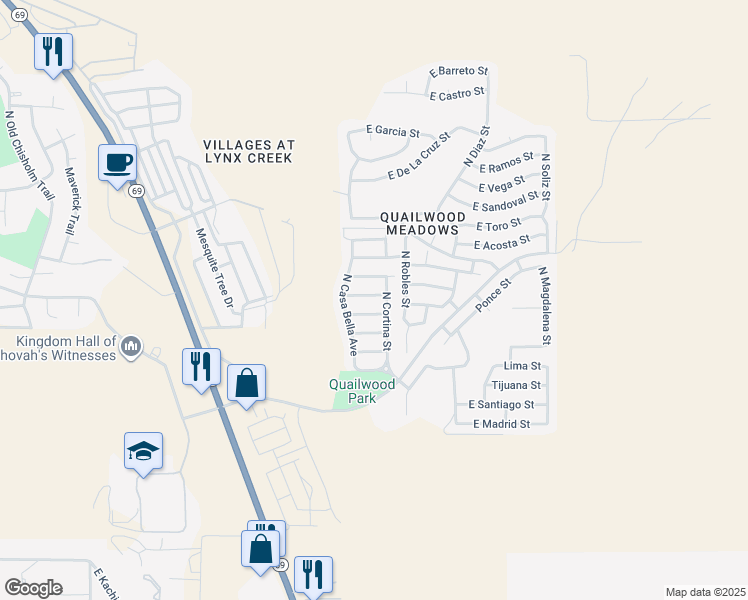 map of restaurants, bars, coffee shops, grocery stores, and more near 12693 E Brumoso St in Prescott Valley