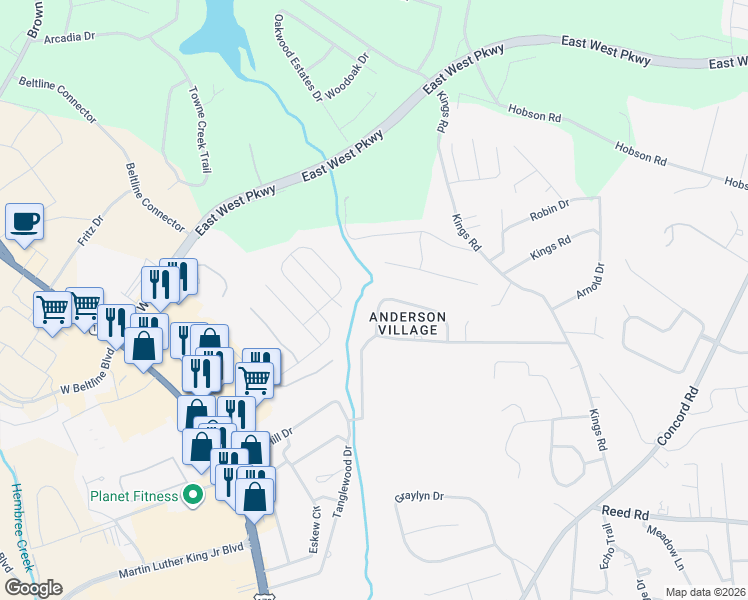 map of restaurants, bars, coffee shops, grocery stores, and more near 507 Branchcliff Lane in Anderson