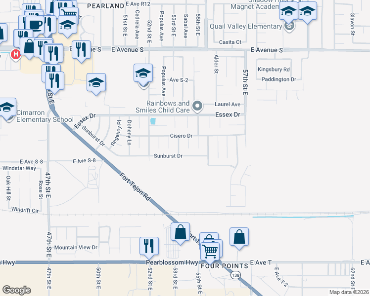 map of restaurants, bars, coffee shops, grocery stores, and more near 36807 Meadowview Court in Palmdale
