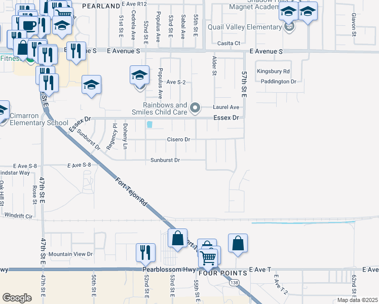 map of restaurants, bars, coffee shops, grocery stores, and more near 36806 Meadowview Court in Palmdale
