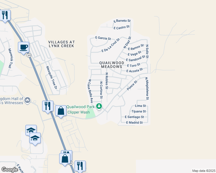 map of restaurants, bars, coffee shops, grocery stores, and more near 12782 East Moreno Street in Prescott Valley