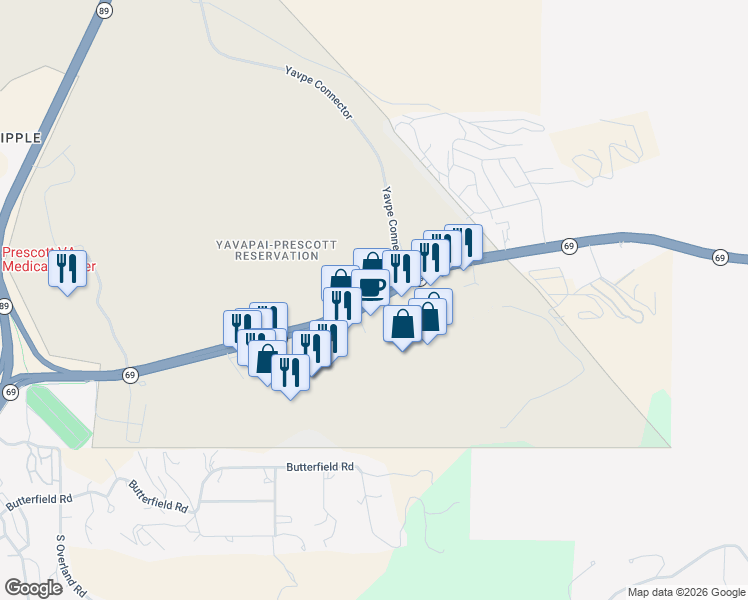map of restaurants, bars, coffee shops, grocery stores, and more near 1851 Arizona 69 in Prescott