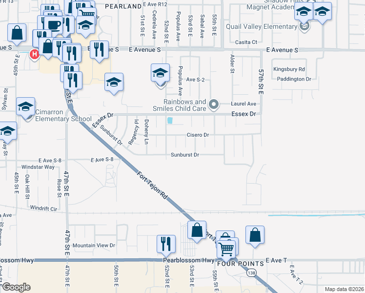 map of restaurants, bars, coffee shops, grocery stores, and more near 36807 Benedict Court in Palmdale