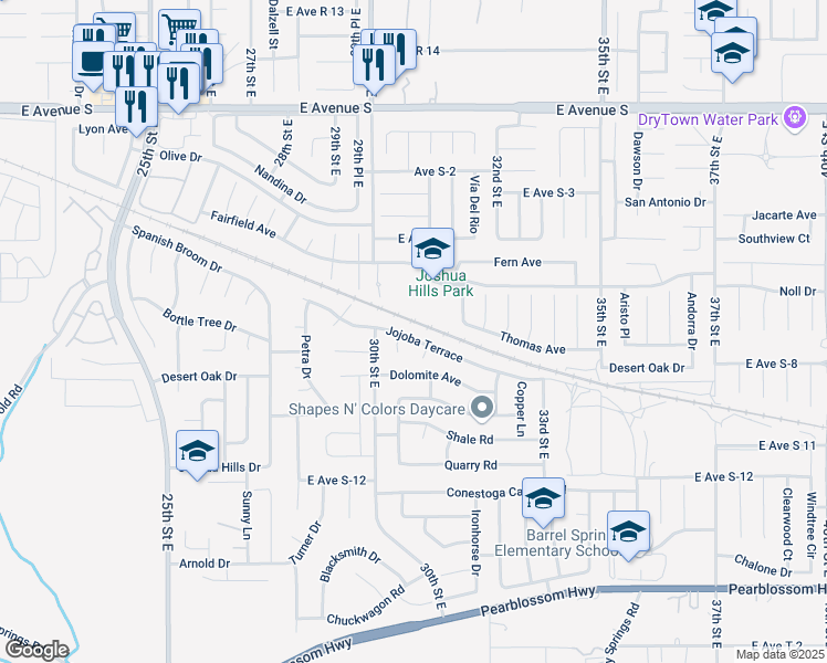 map of restaurants, bars, coffee shops, grocery stores, and more near 3033 Jojoba Terrace in Palmdale
