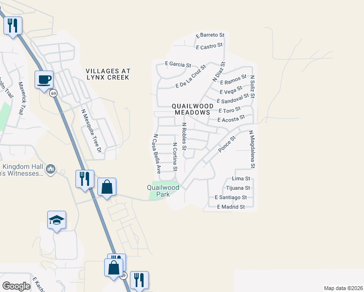 map of restaurants, bars, coffee shops, grocery stores, and more near 12782 East Moreno Street in Prescott Valley