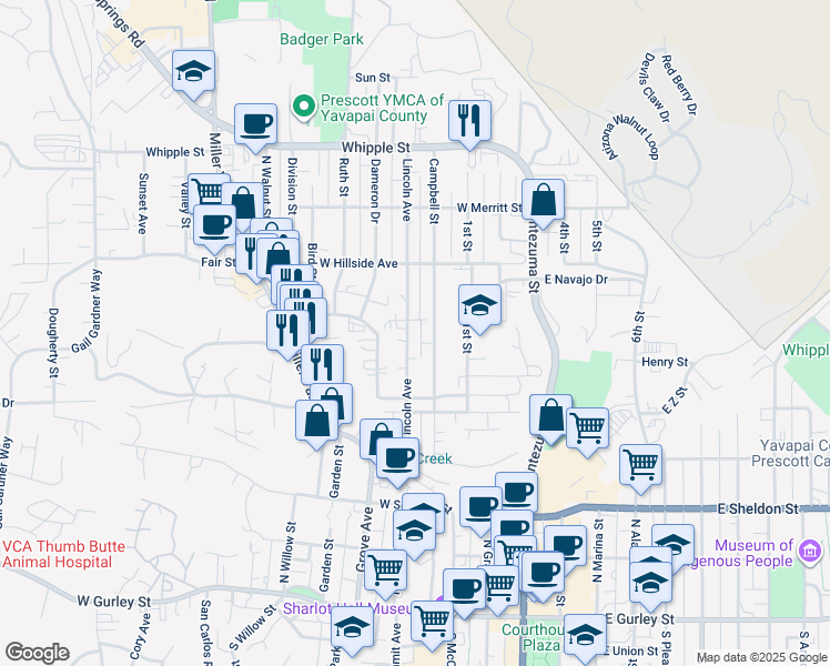 map of restaurants, bars, coffee shops, grocery stores, and more near 571 Lincoln Avenue in Prescott