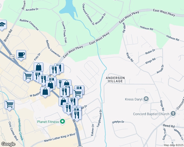 map of restaurants, bars, coffee shops, grocery stores, and more near 1025 Edenbrooke Circle in Anderson
