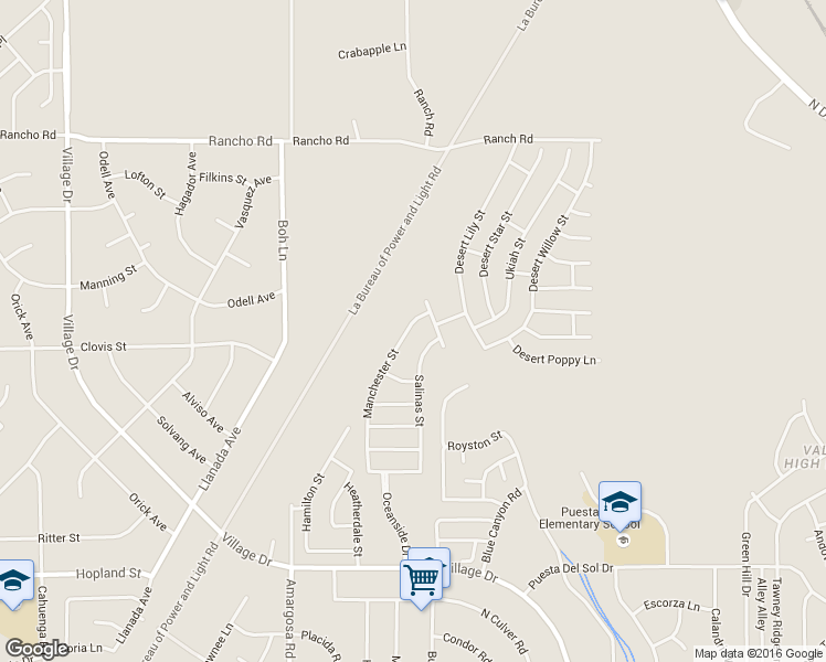 map of restaurants, bars, coffee shops, grocery stores, and more near 16518 Manchester Street in Victorville