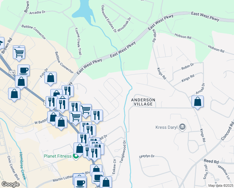 map of restaurants, bars, coffee shops, grocery stores, and more near 9 Elmhurst Lane in Anderson