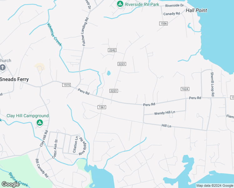 map of restaurants, bars, coffee shops, grocery stores, and more near 202 Bluebird Court in Sneads Ferry