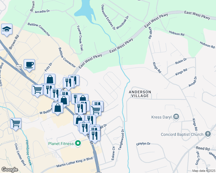 map of restaurants, bars, coffee shops, grocery stores, and more near 1025 Edenbrooke Circle in Anderson