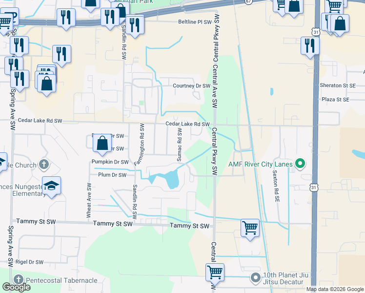 map of restaurants, bars, coffee shops, grocery stores, and more near 3106 Sumac Road Southwest in Decatur
