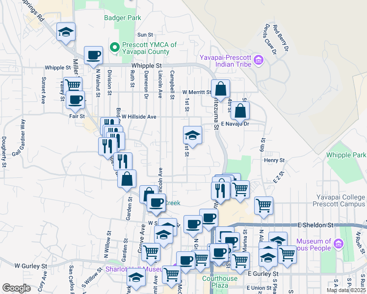 map of restaurants, bars, coffee shops, grocery stores, and more near 569 Campbell Street in Prescott