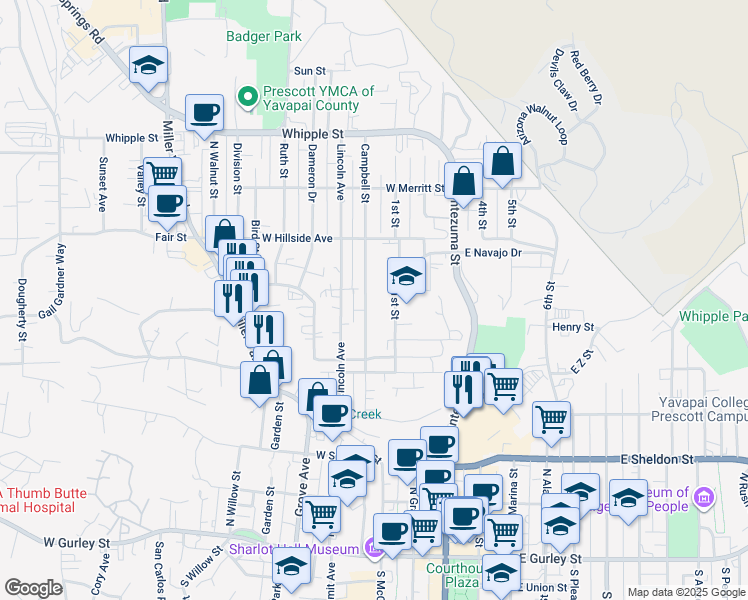 map of restaurants, bars, coffee shops, grocery stores, and more near 569 Campbell Street in Prescott