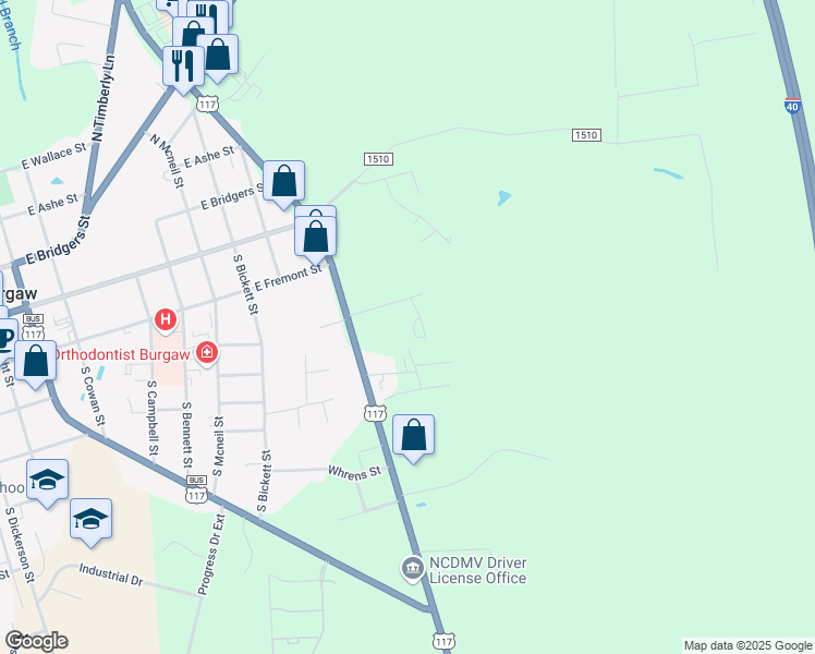 map of restaurants, bars, coffee shops, grocery stores, and more near 1111 Stanford Avenue in Burgaw