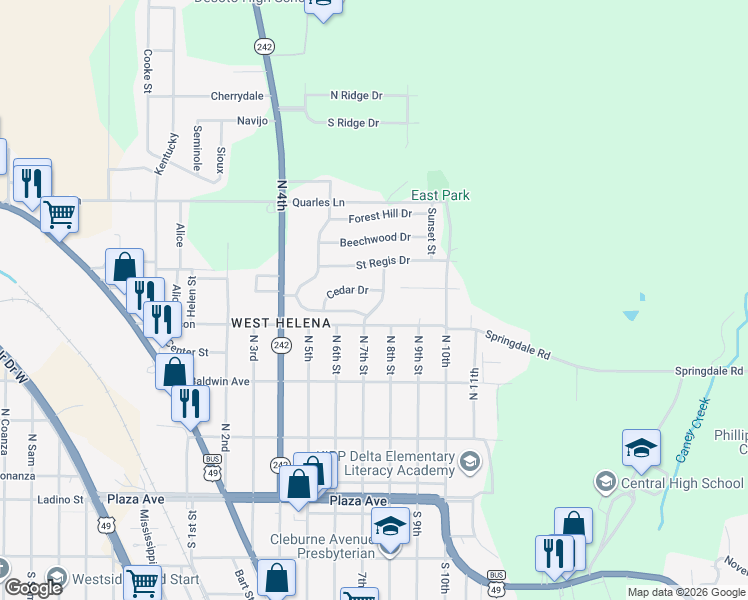 map of restaurants, bars, coffee shops, grocery stores, and more near 533 Roseland Drive in Helena-West Helena
