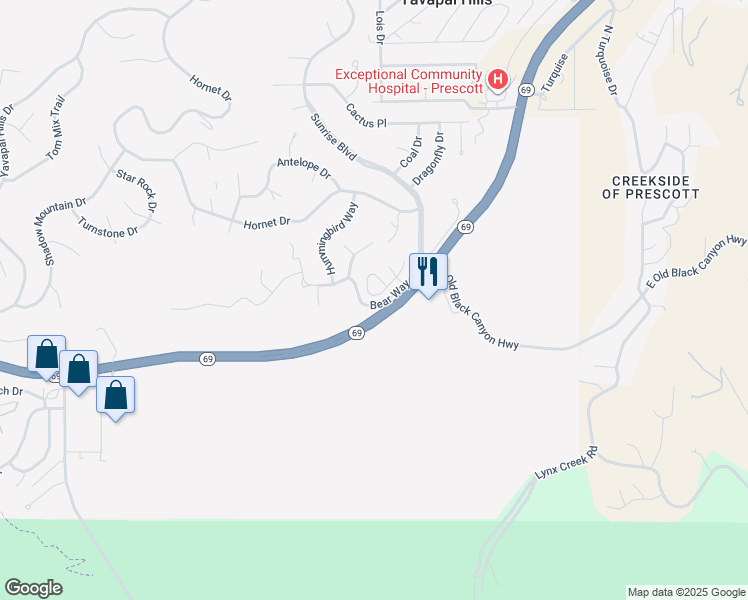 map of restaurants, bars, coffee shops, grocery stores, and more near 4968 Summit Circle in Prescott