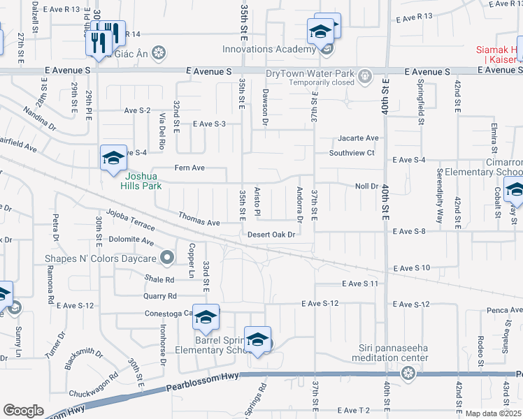 map of restaurants, bars, coffee shops, grocery stores, and more near 36842 Aristo Place in Palmdale