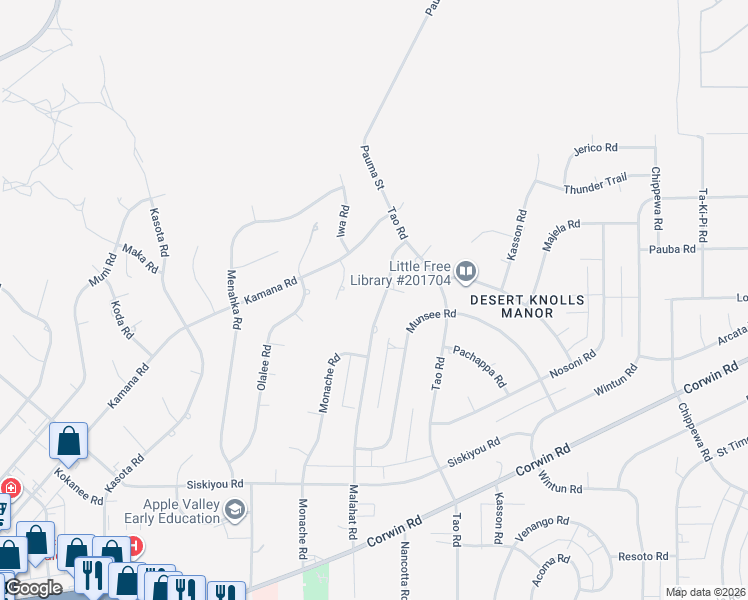 map of restaurants, bars, coffee shops, grocery stores, and more near 16502 Malahat Road in Apple Valley