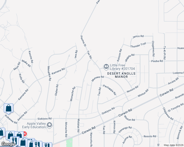 map of restaurants, bars, coffee shops, grocery stores, and more near 16521 Malahat Court in Apple Valley