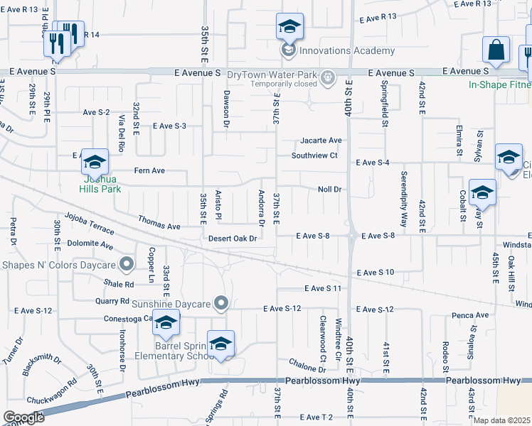map of restaurants, bars, coffee shops, grocery stores, and more near 36844 Andorra Drive in Palmdale