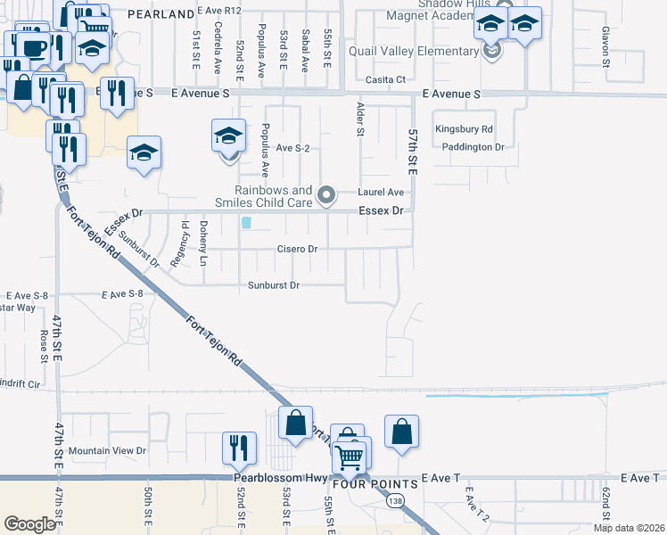 map of restaurants, bars, coffee shops, grocery stores, and more near 36812 Royce Court in Palmdale