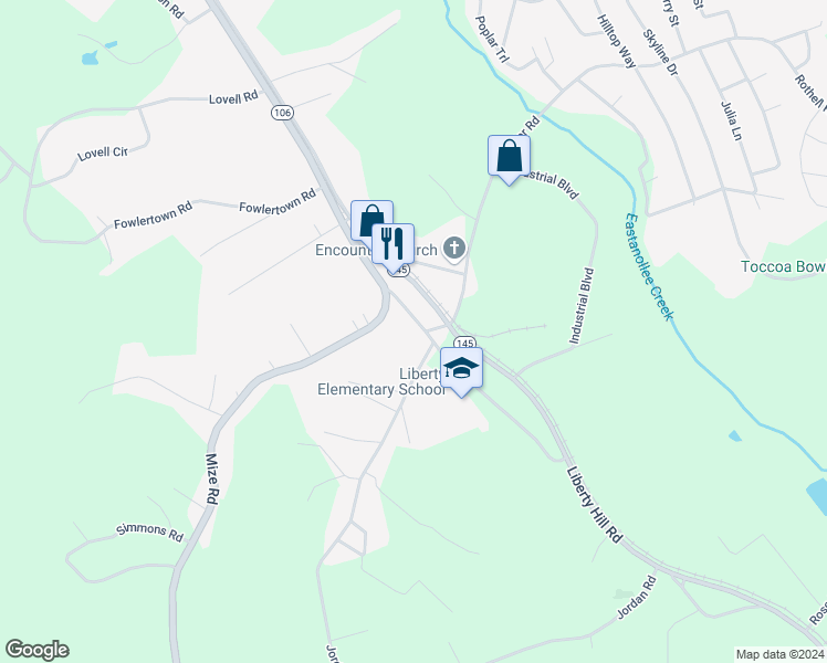 map of restaurants, bars, coffee shops, grocery stores, and more near 116 Old Liberty Hill Road in Toccoa