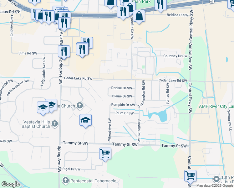 map of restaurants, bars, coffee shops, grocery stores, and more near 604 Blaine Drive Southwest in Decatur