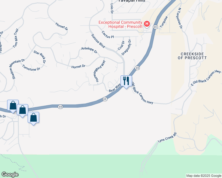 map of restaurants, bars, coffee shops, grocery stores, and more near 4964 Summit Circle in Prescott