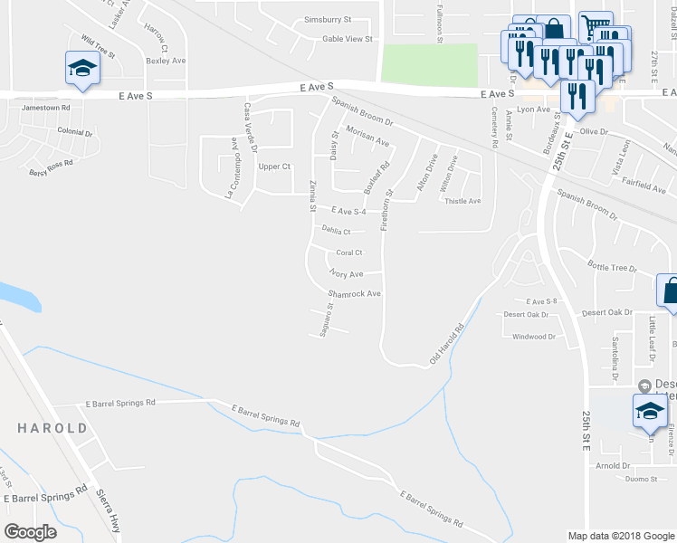 map of restaurants, bars, coffee shops, grocery stores, and more near Ivory Avenue in Palmdale