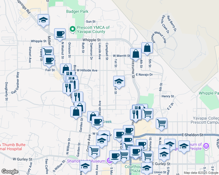 map of restaurants, bars, coffee shops, grocery stores, and more near 569 Campbell Street in Prescott