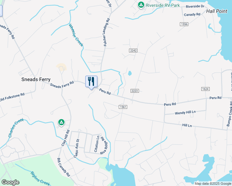 map of restaurants, bars, coffee shops, grocery stores, and more near 101 Justice Farm Drive in Sneads Ferry