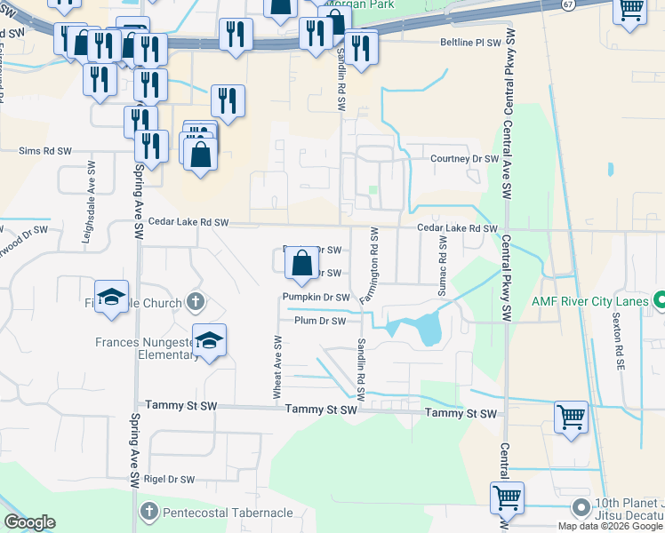 map of restaurants, bars, coffee shops, grocery stores, and more near 506 Blaine Drive Southwest in Decatur