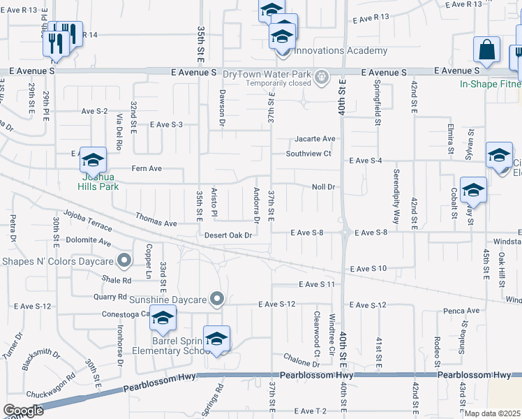 map of restaurants, bars, coffee shops, grocery stores, and more near 36844 Andorra Drive in Palmdale