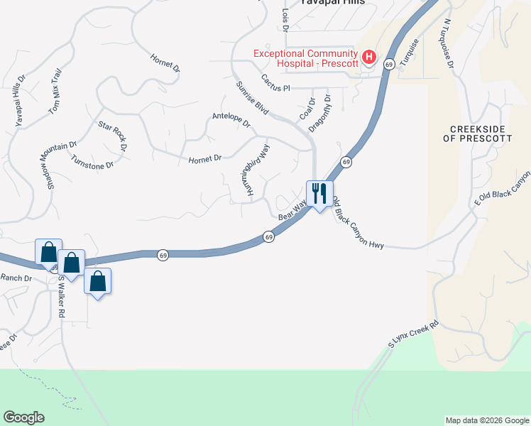 map of restaurants, bars, coffee shops, grocery stores, and more near 4961 Bear Way in Prescott