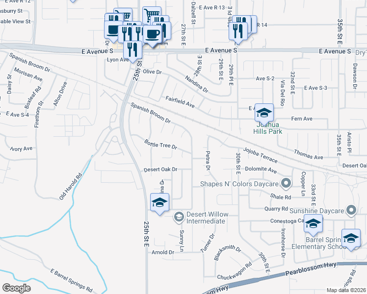 map of restaurants, bars, coffee shops, grocery stores, and more near 36826 Apache Plume Drive in Palmdale