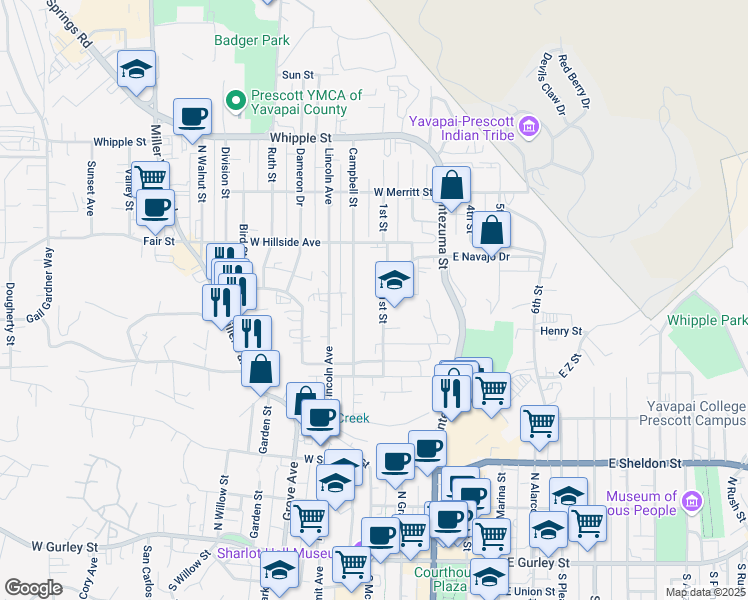 map of restaurants, bars, coffee shops, grocery stores, and more near 570 1st Street in Prescott