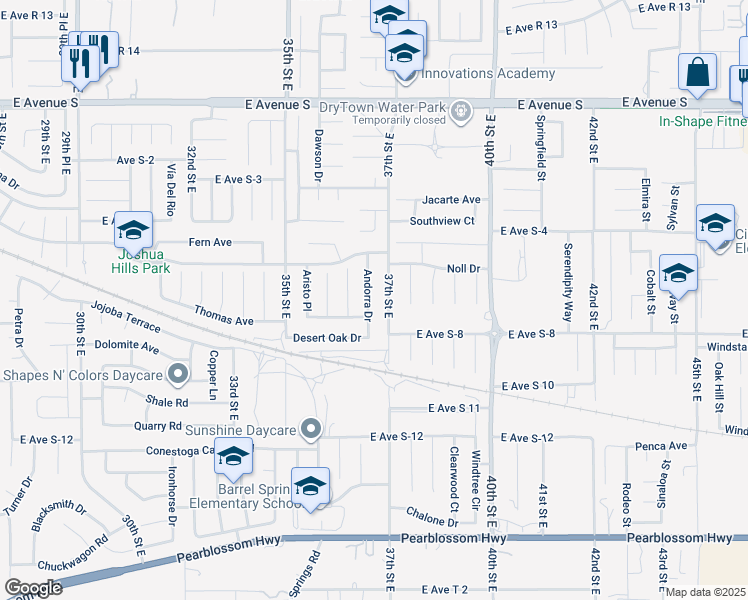 map of restaurants, bars, coffee shops, grocery stores, and more near 36844 Andorra Drive in Palmdale