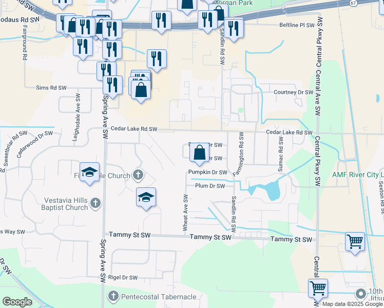 map of restaurants, bars, coffee shops, grocery stores, and more near 604 Blaine Drive Southwest in Decatur