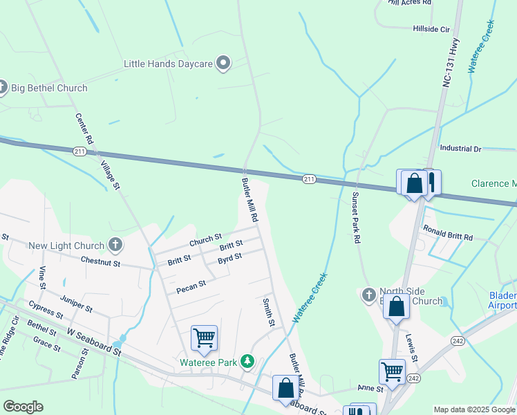 map of restaurants, bars, coffee shops, grocery stores, and more near 1111 Butler Mill Road in Bladenboro