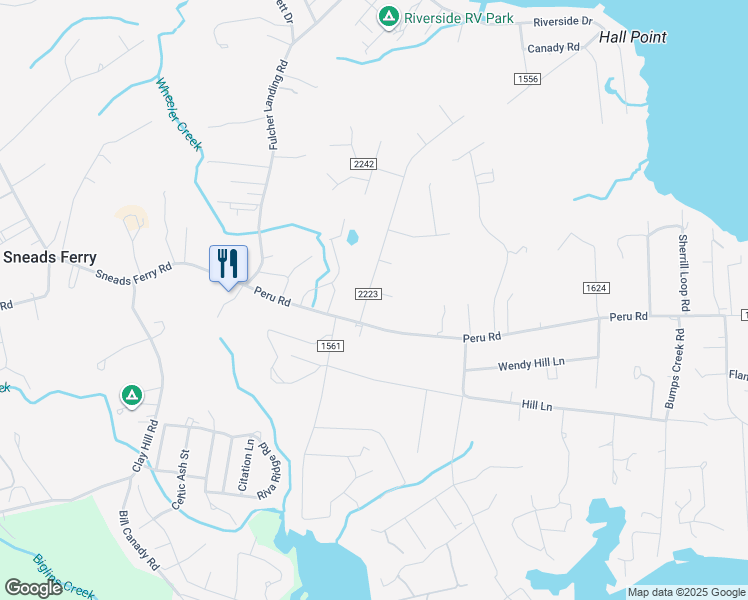 map of restaurants, bars, coffee shops, grocery stores, and more near 200 Bluebird Court in Sneads Ferry