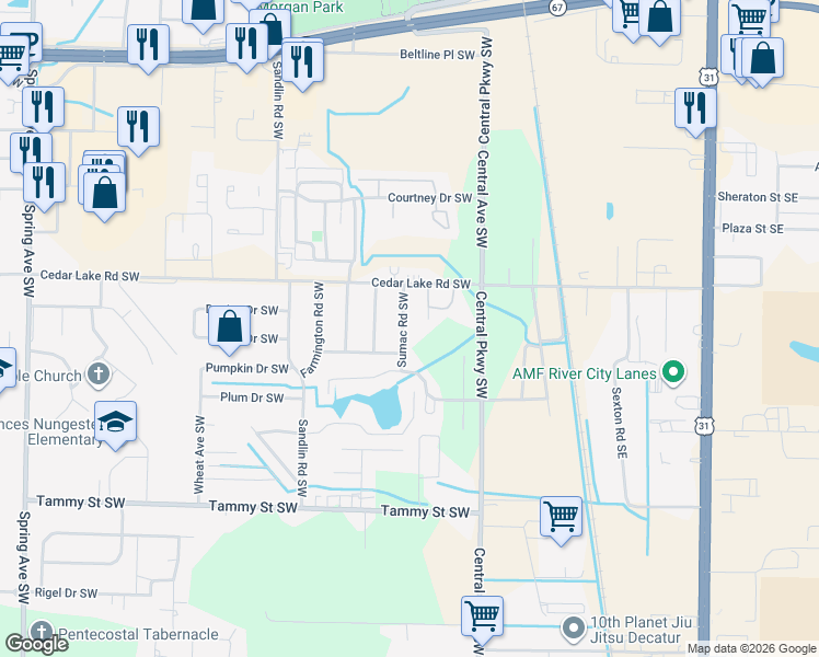 map of restaurants, bars, coffee shops, grocery stores, and more near 3106 Sumac Road Southwest in Decatur
