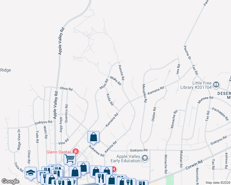 map of restaurants, bars, coffee shops, grocery stores, and more near 18265 Koda Court in Apple Valley