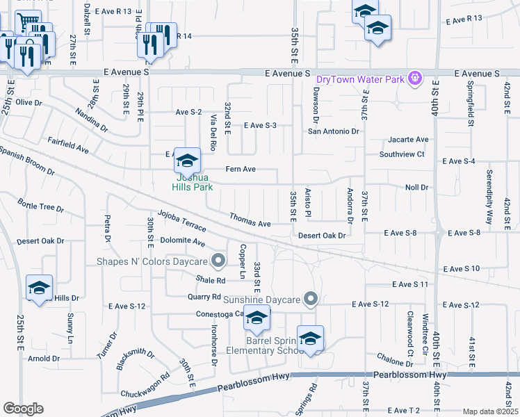 map of restaurants, bars, coffee shops, grocery stores, and more near 36843 Jenna Lane in Palmdale