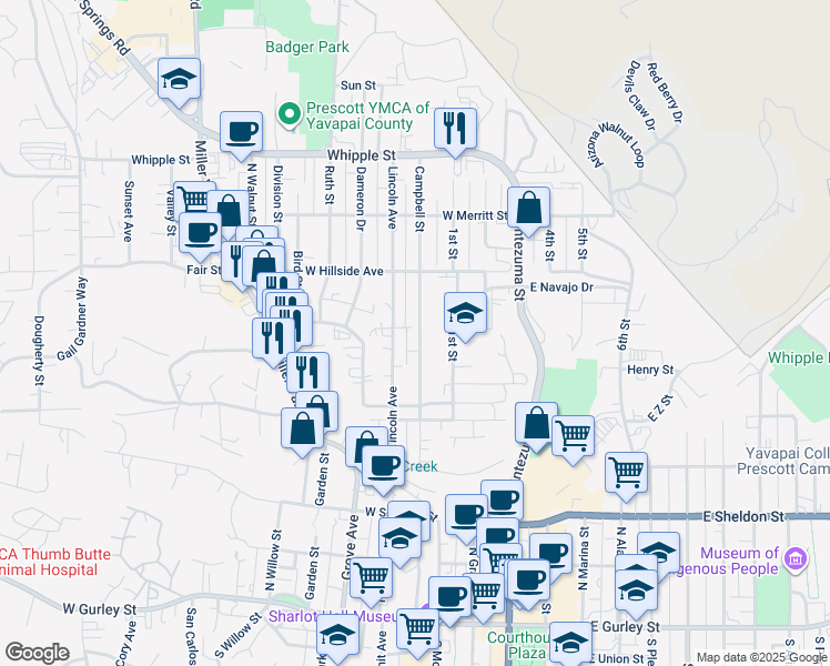 map of restaurants, bars, coffee shops, grocery stores, and more near 571 Lincoln Avenue in Prescott