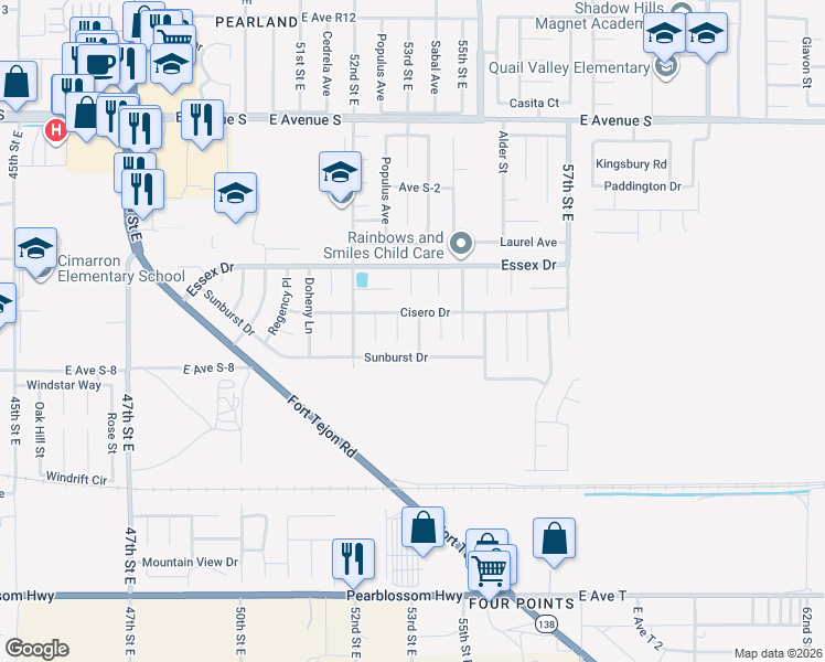 map of restaurants, bars, coffee shops, grocery stores, and more near 36829 Burroughs Way in Palmdale
