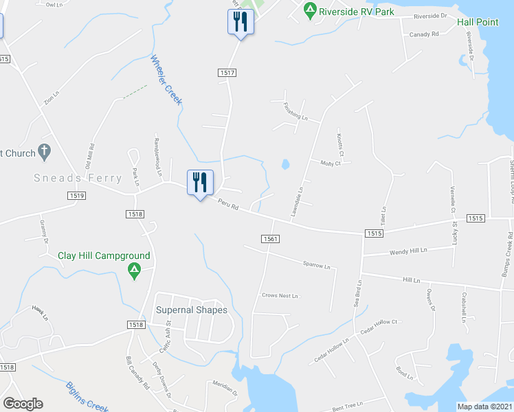 map of restaurants, bars, coffee shops, grocery stores, and more near 405 Justice Farm Drive in Sneads Ferry