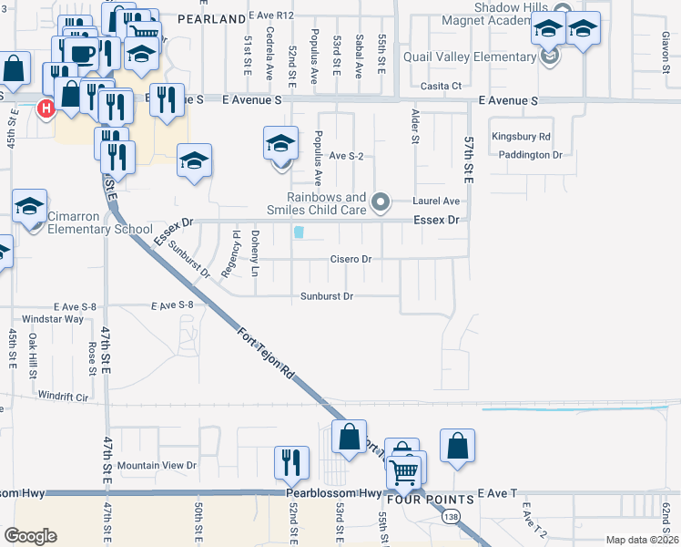 map of restaurants, bars, coffee shops, grocery stores, and more near 36829 Burroughs Way in Palmdale
