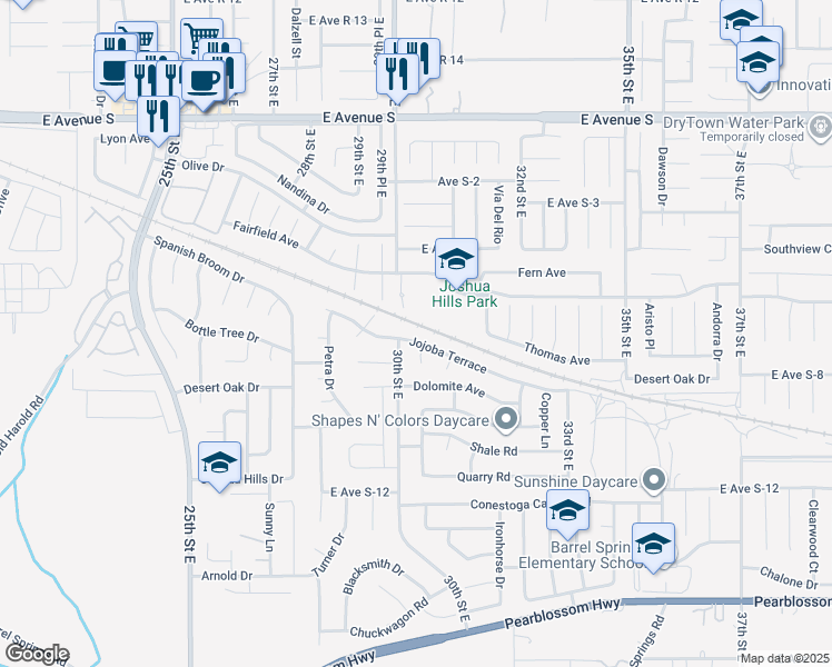 map of restaurants, bars, coffee shops, grocery stores, and more near 3001 Jojoba Terrace in Palmdale